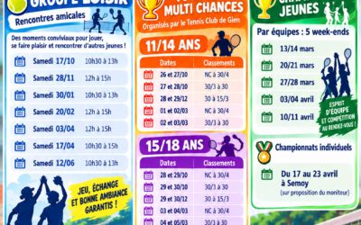 🎾 Tennis Jeunes (11 à 18 ans) au T.C. Gien : Progresse, amuse-toi et relève le défi !
